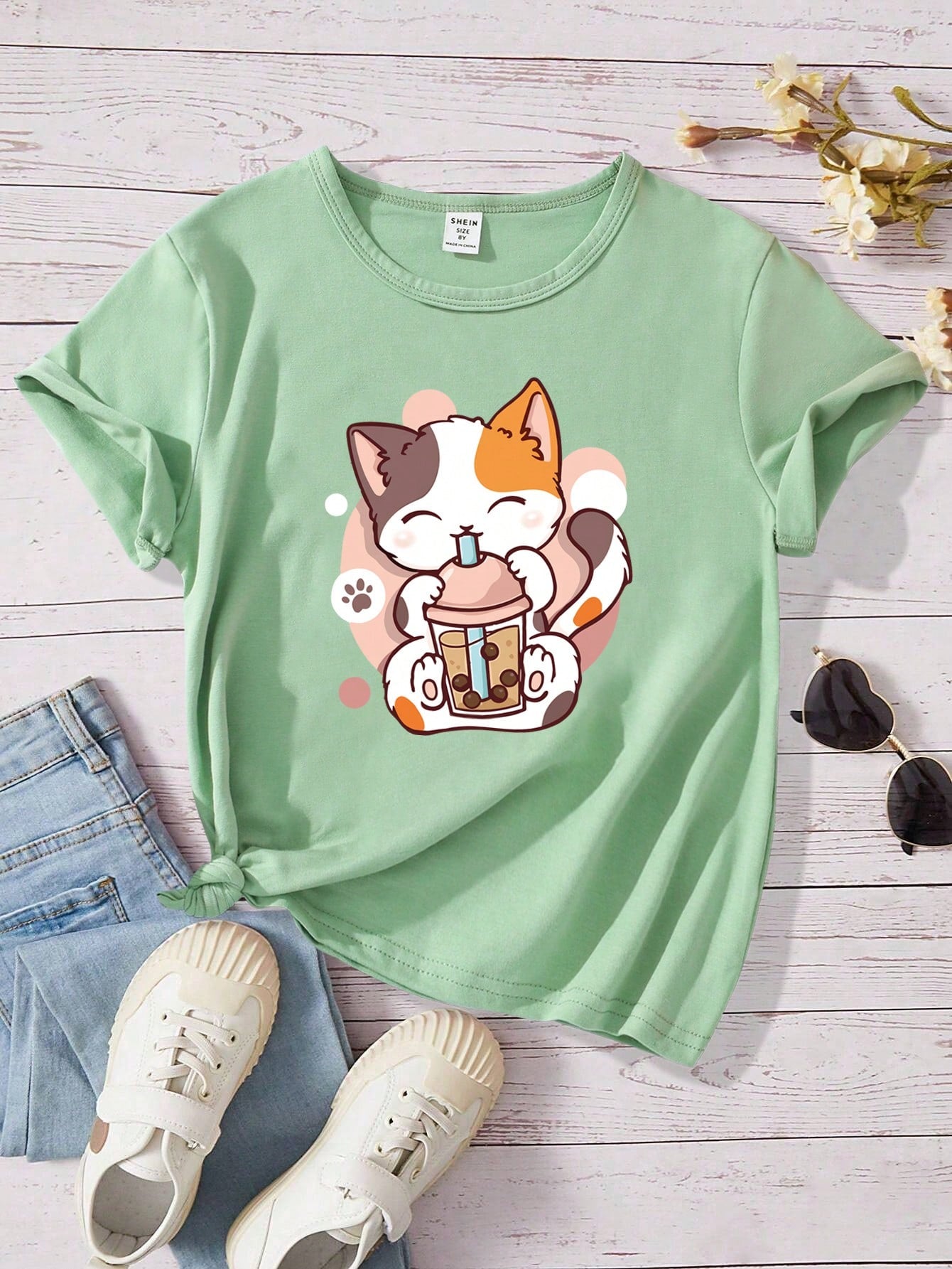 Tween Girl Fun Boba Cat Pattern Round Neck Short Sleeve T-Shirt