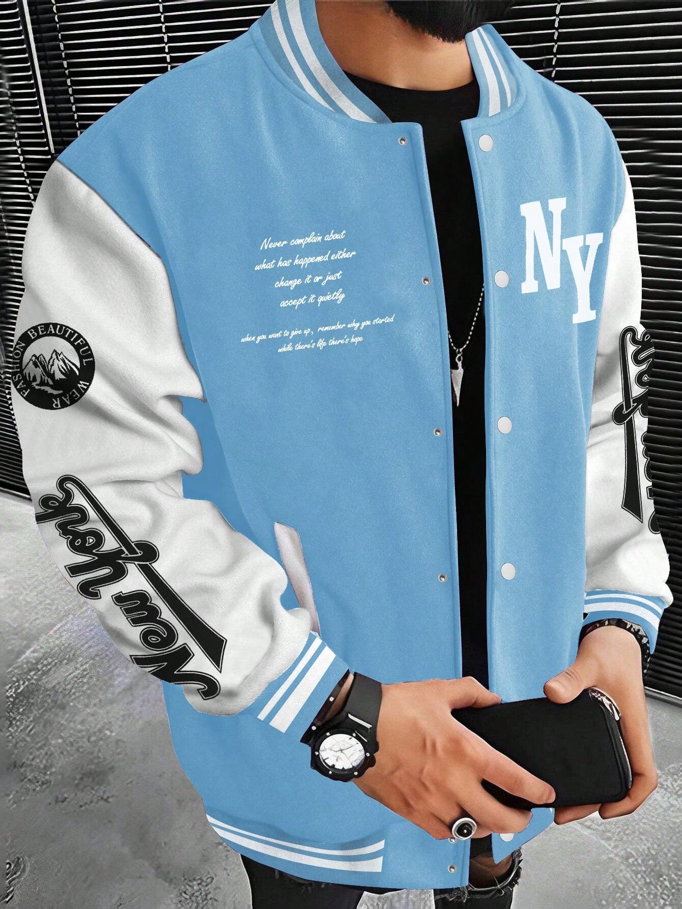 Manfinity Sporsity Men's Solid Color Patchwork Front Button Long Sleeve Letter Print Casual Jacket