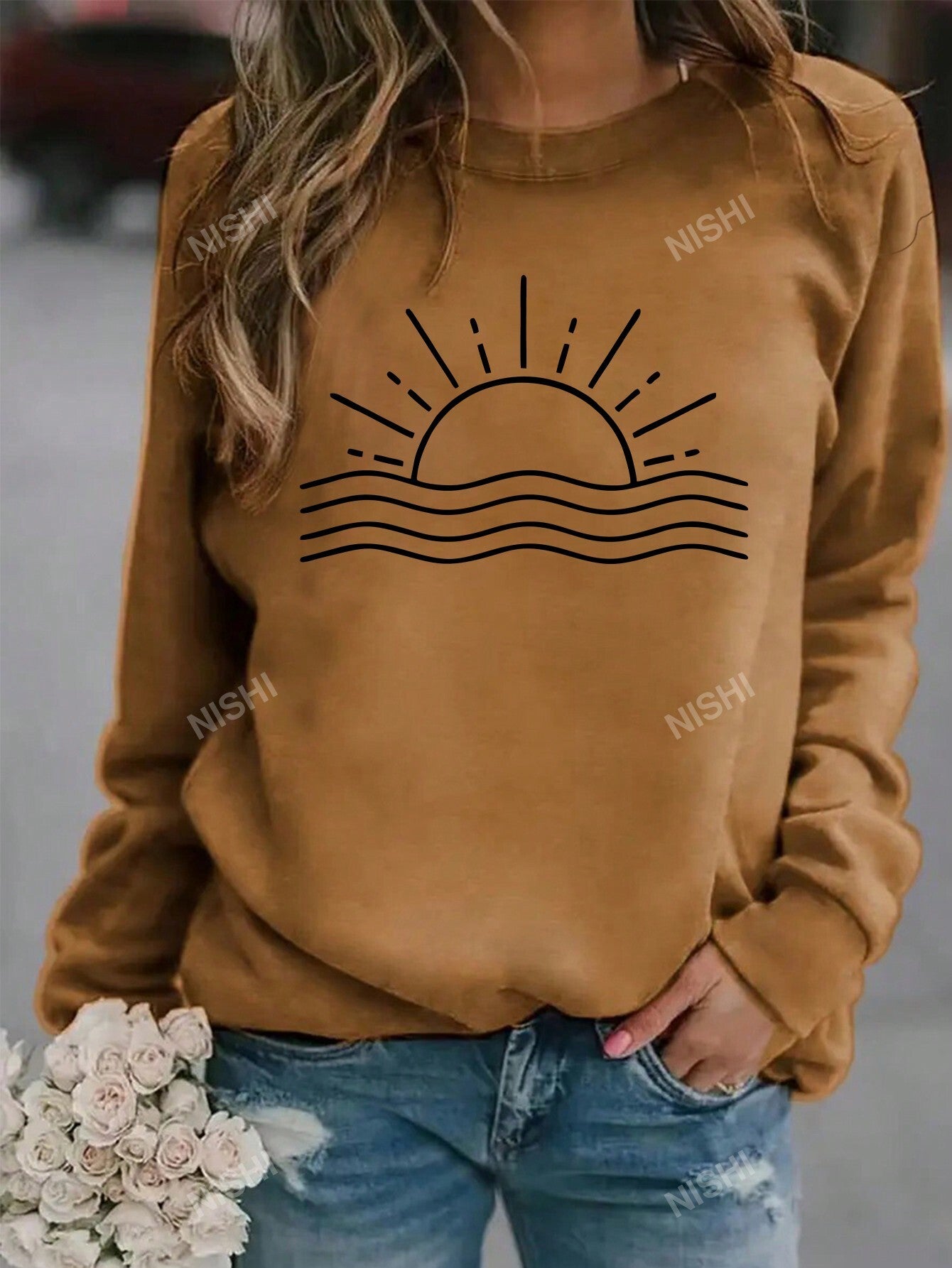 Sun Pattern Crew Neck Casual Sweatshirt,Long Sleeve Tops