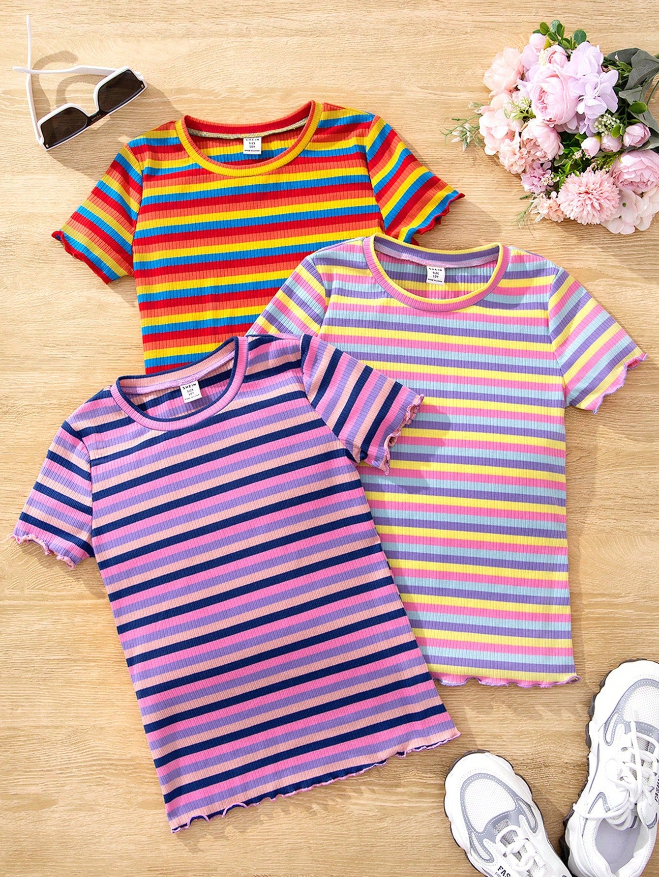 3pcs/Set Tween Girls' Daily Sweet And Cool Knitted Short Sleeve T-Shirt