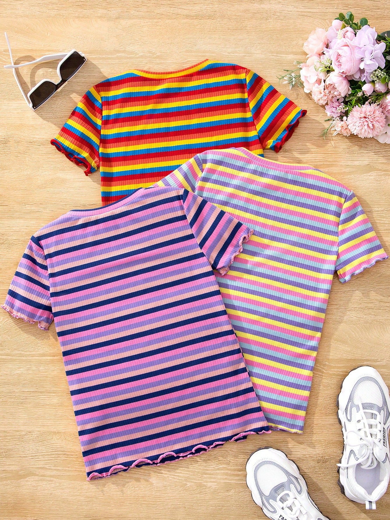 3pcs/Set Tween Girls' Daily Sweet And Cool Knitted Short Sleeve T-Shirt