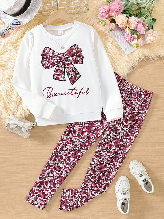 Tween Girl 2pcs Shiny Glitter Bowknot Long Sleeve Sweatshirt And Pants Set