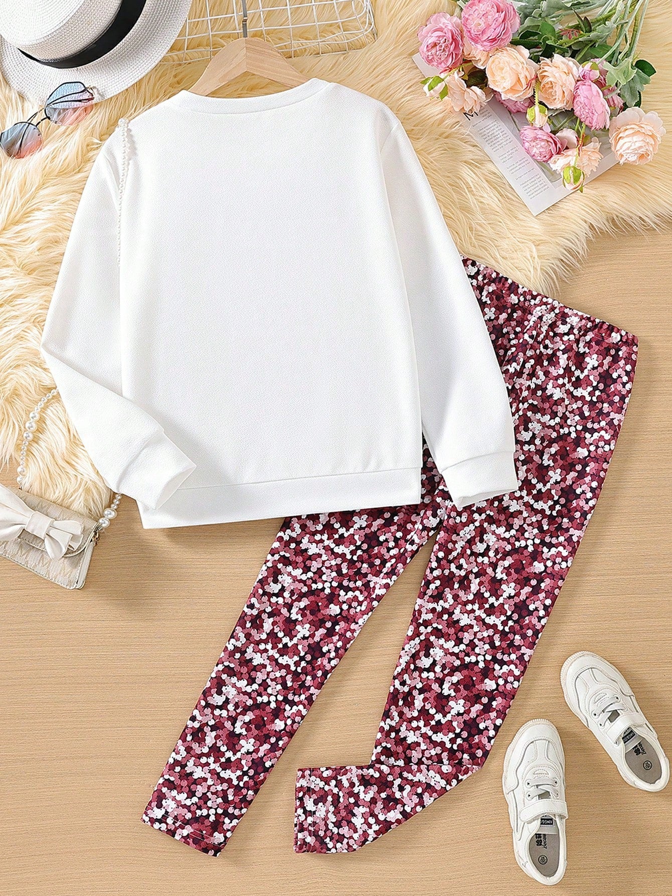 Tween Girl 2pcs Shiny Glitter Bowknot Long Sleeve Sweatshirt And Pants Set