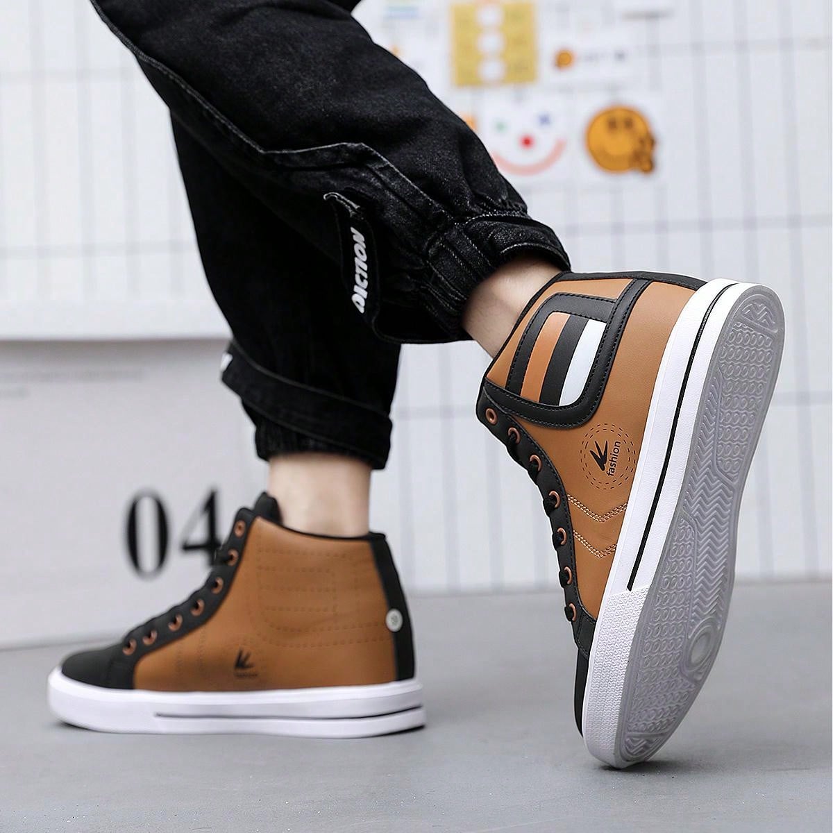 P PRESTIGEVIBE YY-9002 Large Size Leather High-Top Board Shoes Casual Walking Shoes 38-48 Must For Yoga