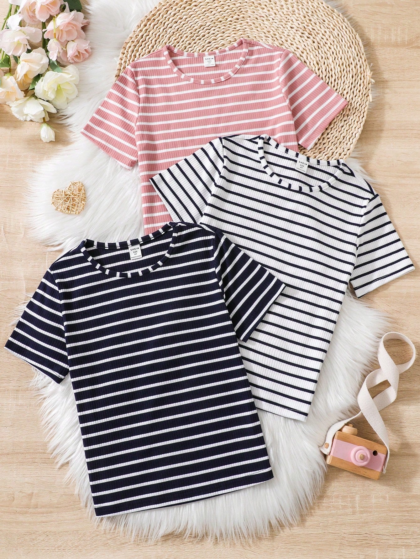 Tween Girl 3pcs/Set Striped Short Sleeve T-Shirt, Casual, Comfortable And Versatile