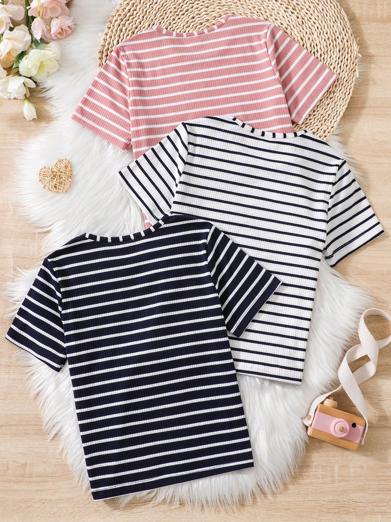 Tween Girl 3pcs/Set Striped Short Sleeve T-Shirt, Casual, Comfortable And Versatile