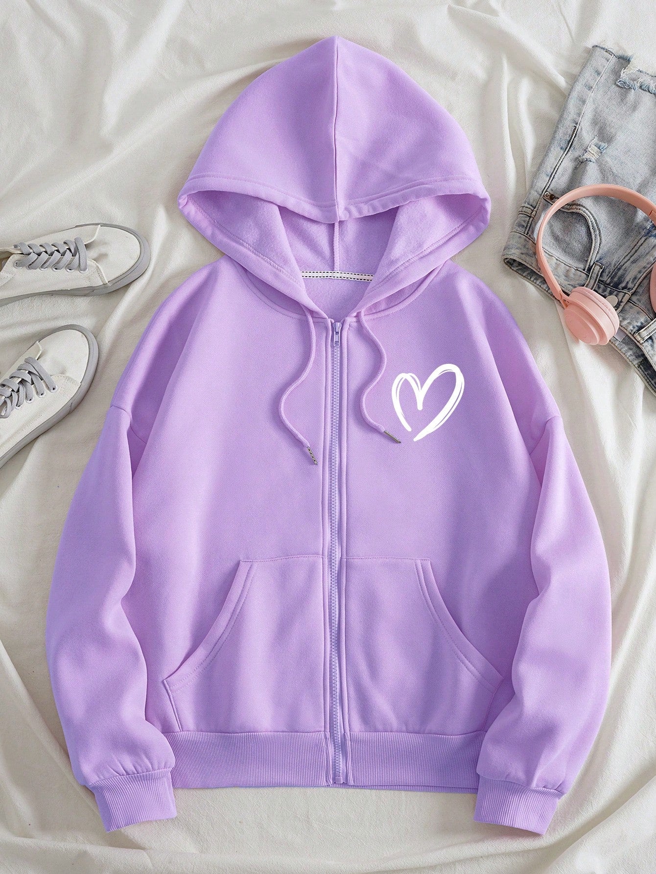 Essnce Heart Print Zip Up Drawstring Thermal Lined Hoodie,Long Sleeve Tops