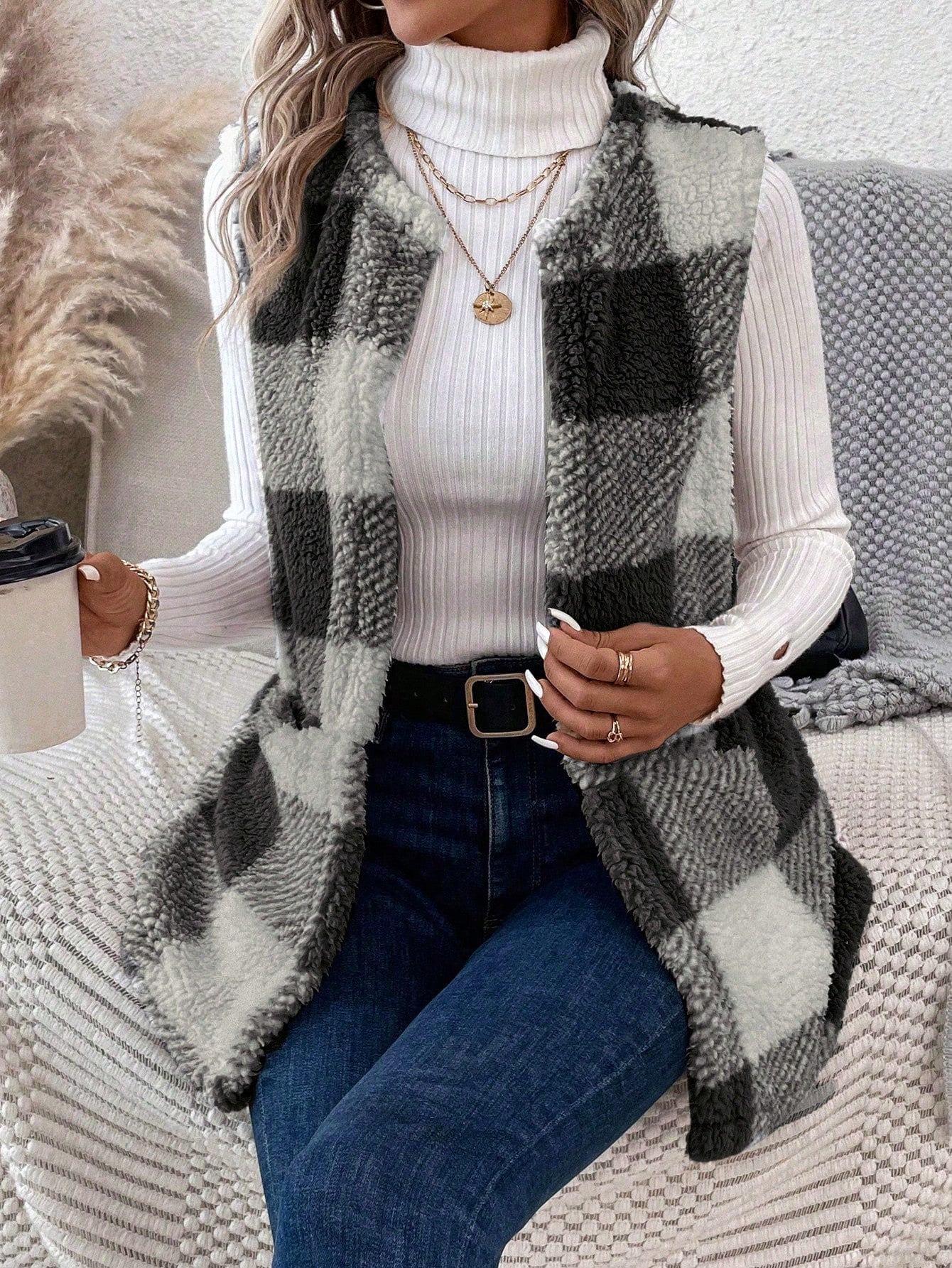 LUNE Buffalo Plaid Print Open Front Teddy Vest Coat