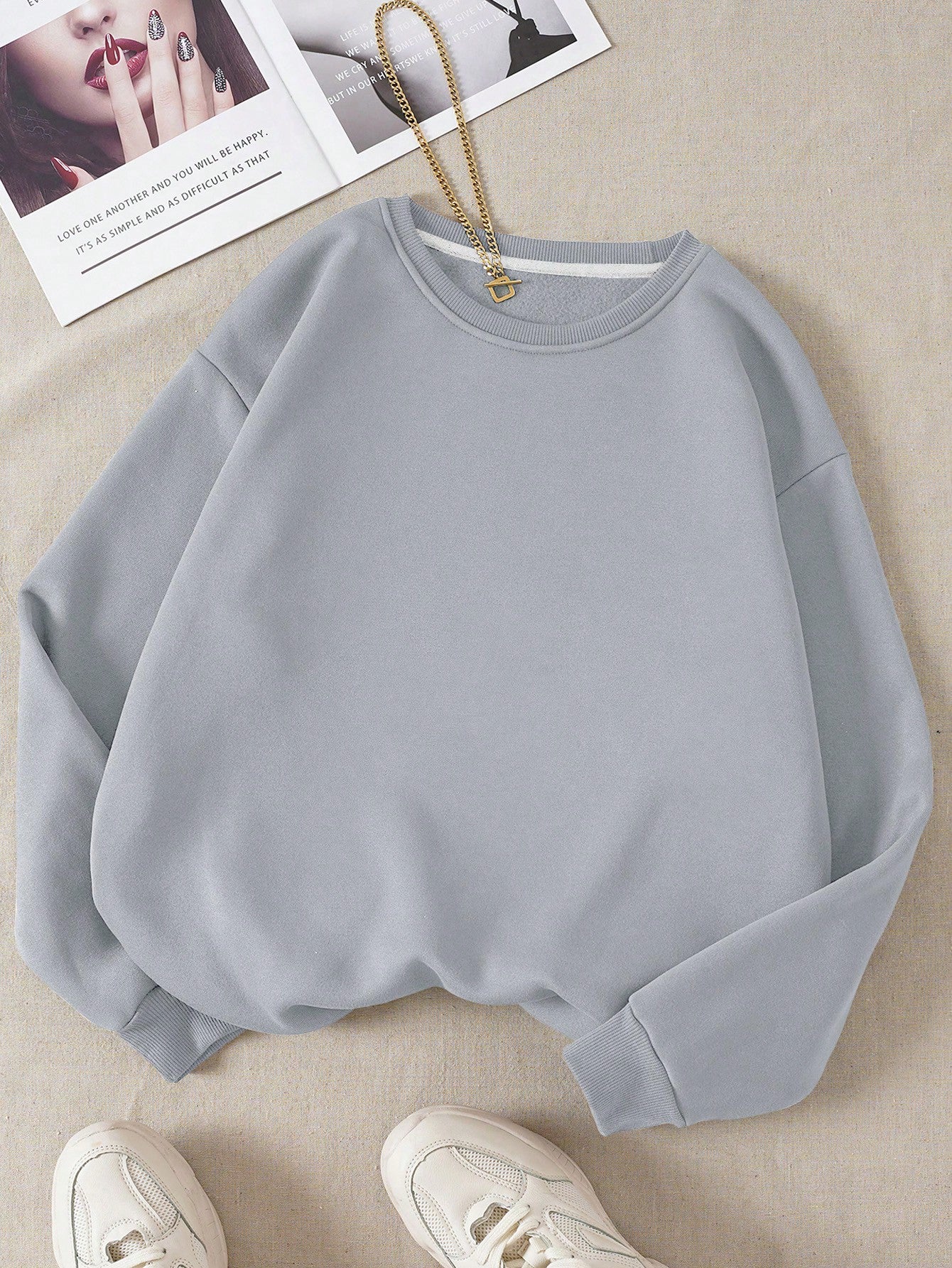 INAWLY Solid Round Neck Thermal Lined Sweatshirt,Long Sleeve Tops