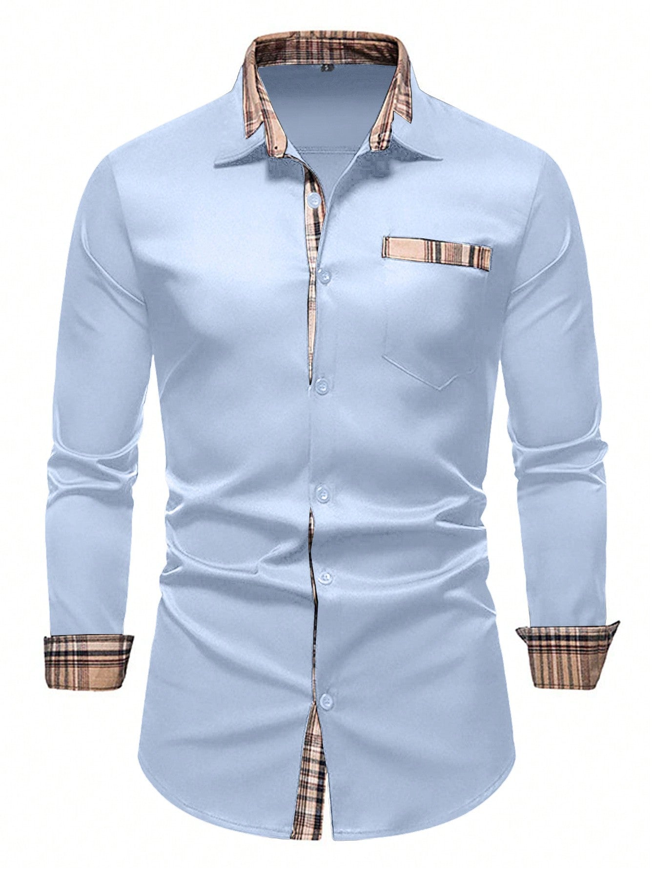 Men's Casual Business Plaid Splice Long Sleeve Shirt