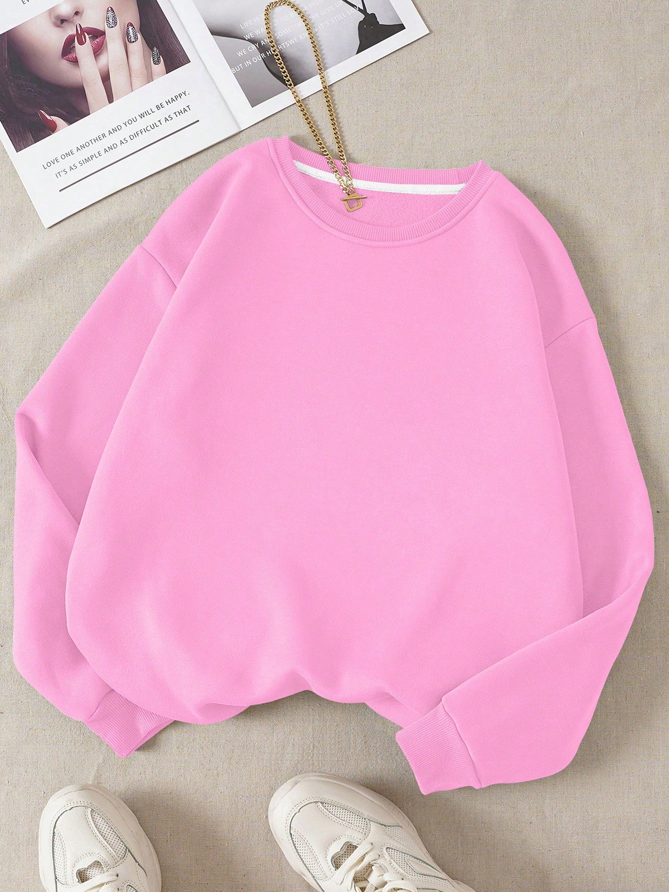 INAWLY Solid Round Neck Thermal Lined Sweatshirt,Long Sleeve Tops