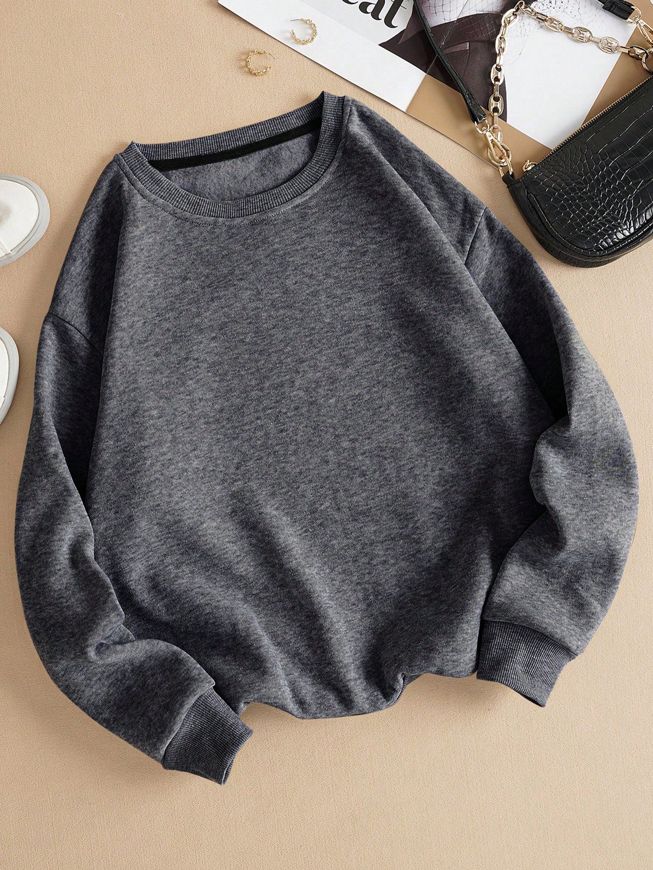 INAWLY Solid Round Neck Thermal Lined Sweatshirt,Long Sleeve Tops