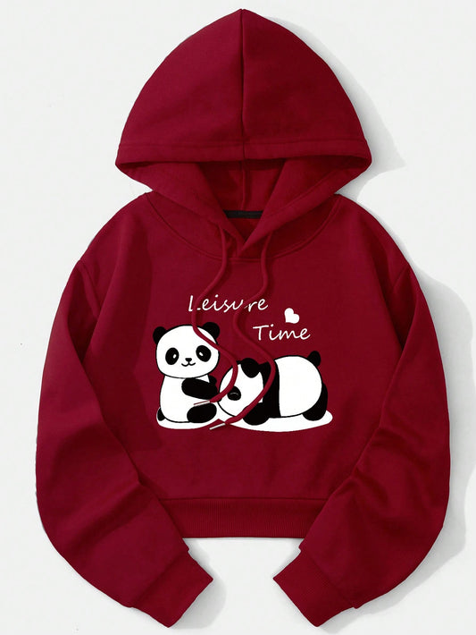 EZwear Panda Printed Drawstring Hooded Fleece Short Sweatshirt,Long Sleeve Tops