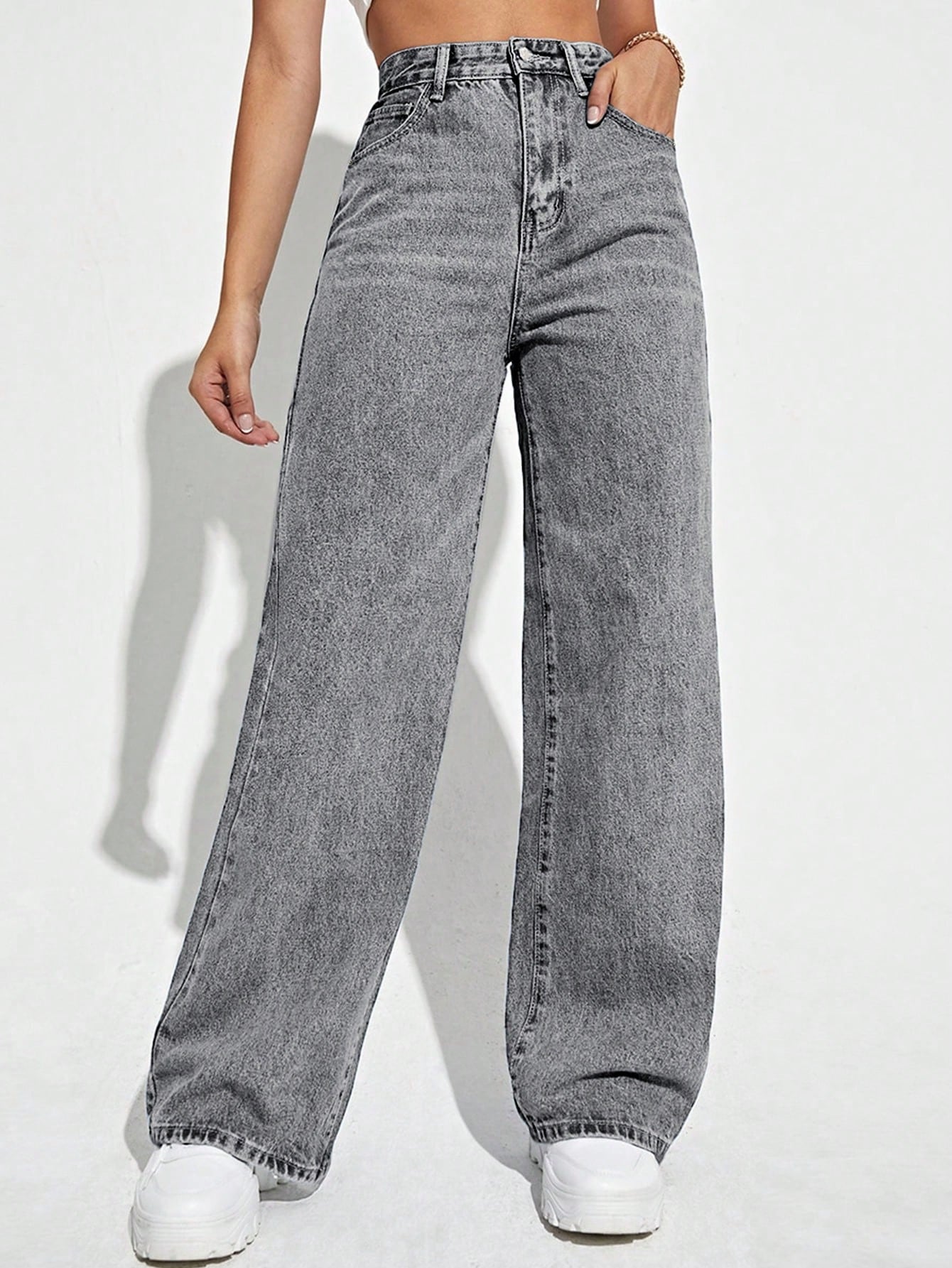 Water Washed Denim Pants With Slanted Pockets