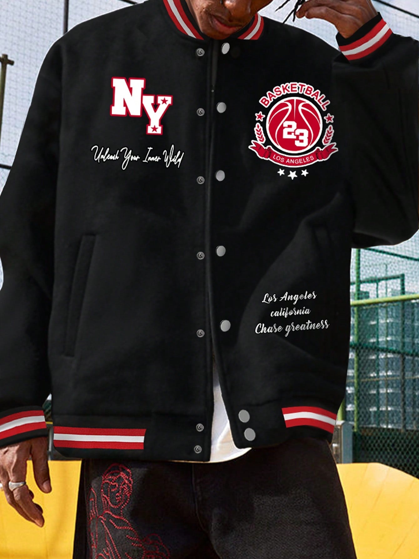 Manfinity EMRG Men's Letter And Basketball Pattern Button-Front Jacket