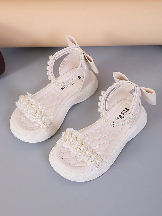 1 Pair Girls Children Comfortable Floral Bow Decor Princess Party Flat Lace-Up Open-Toe Sandals Suitable For Summer