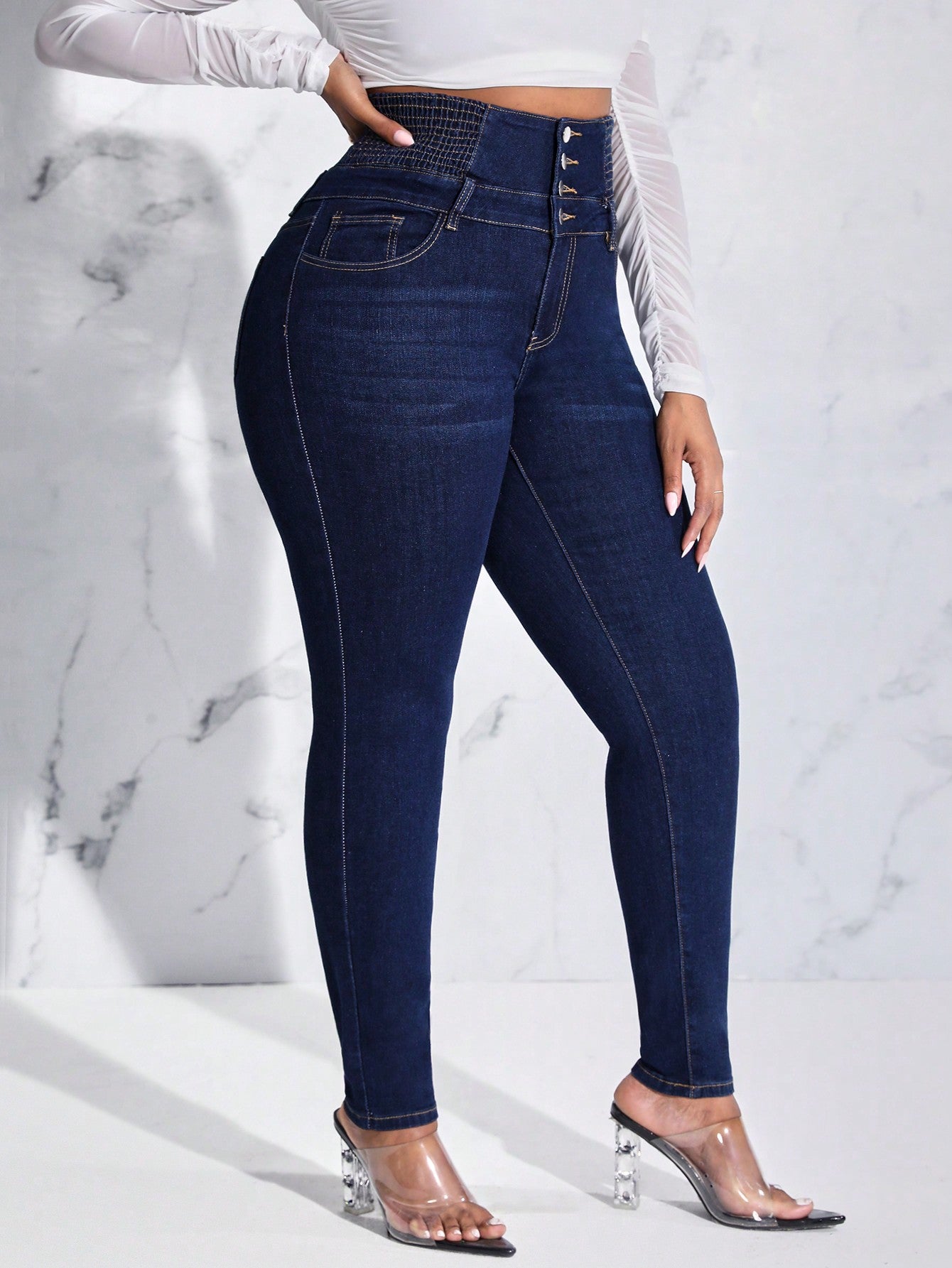 Lady Women's Plus Size Slim Fit Jeans With Button And Whisker Design, For Thanksgiving