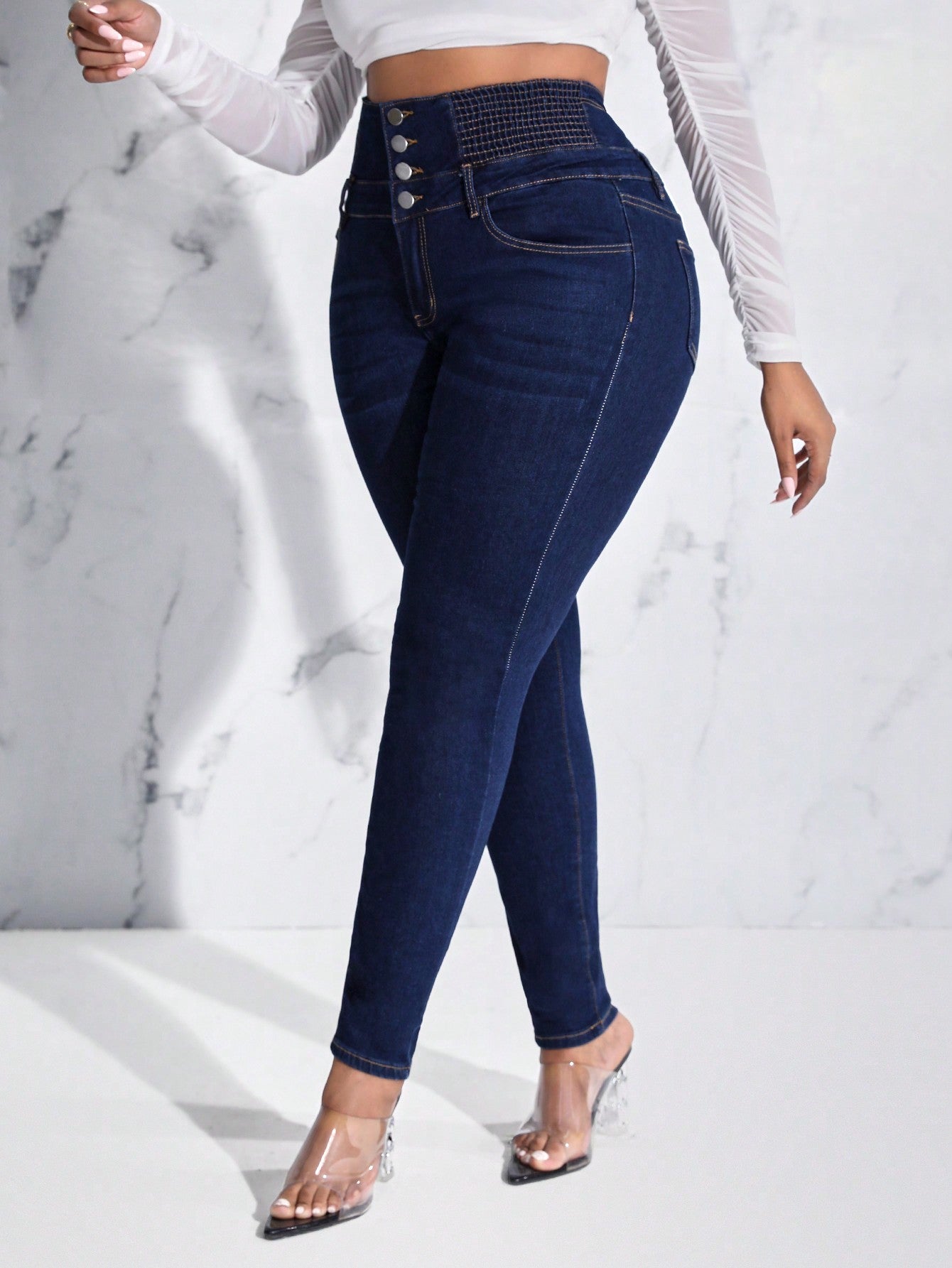 Lady Women's Plus Size Slim Fit Jeans With Button And Whisker Design, For Thanksgiving