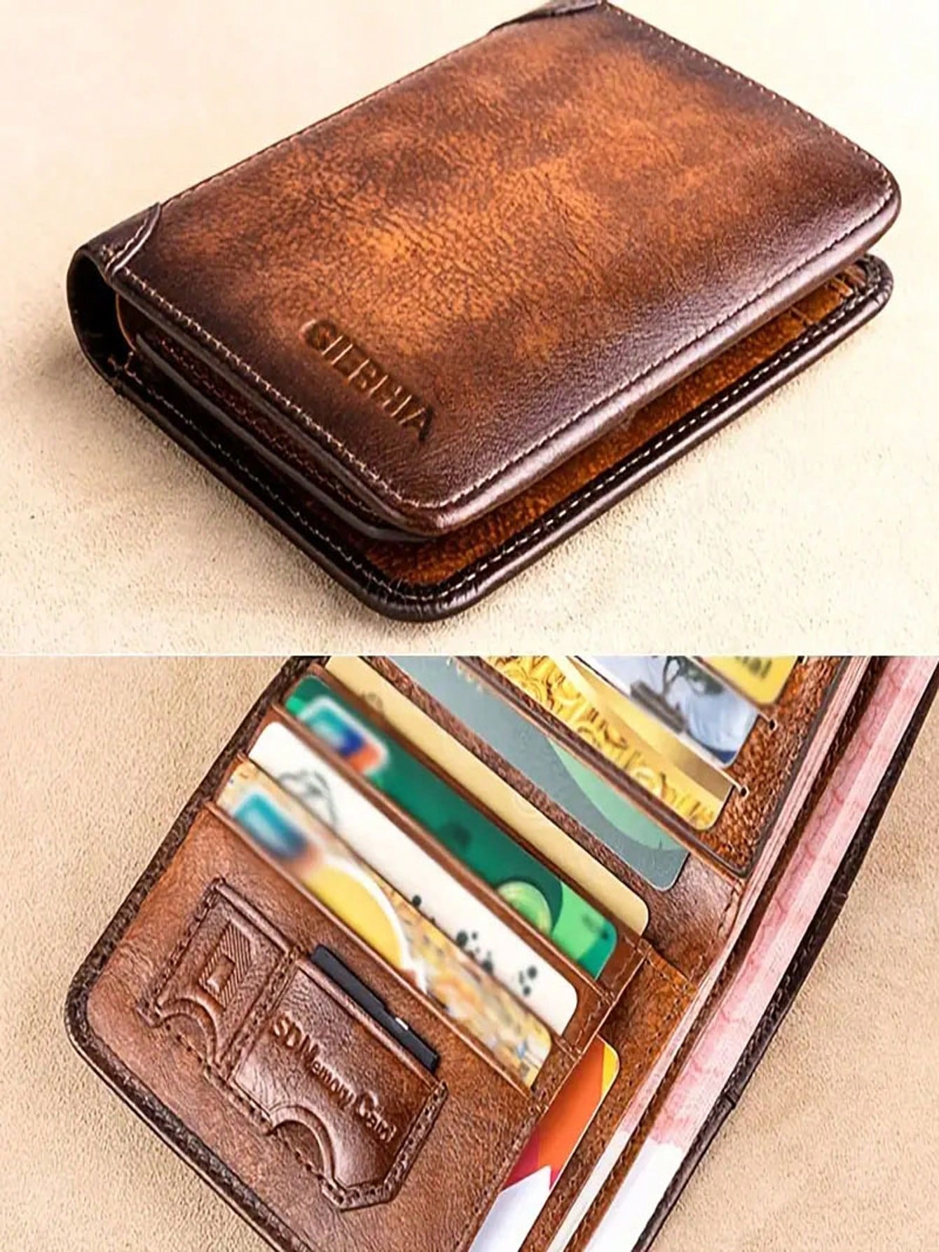 Vintage Crinkled Short Men's Wallet, Rfid Protection, Ultra-Thin, Top Grain Cowhide Leather, Bifold