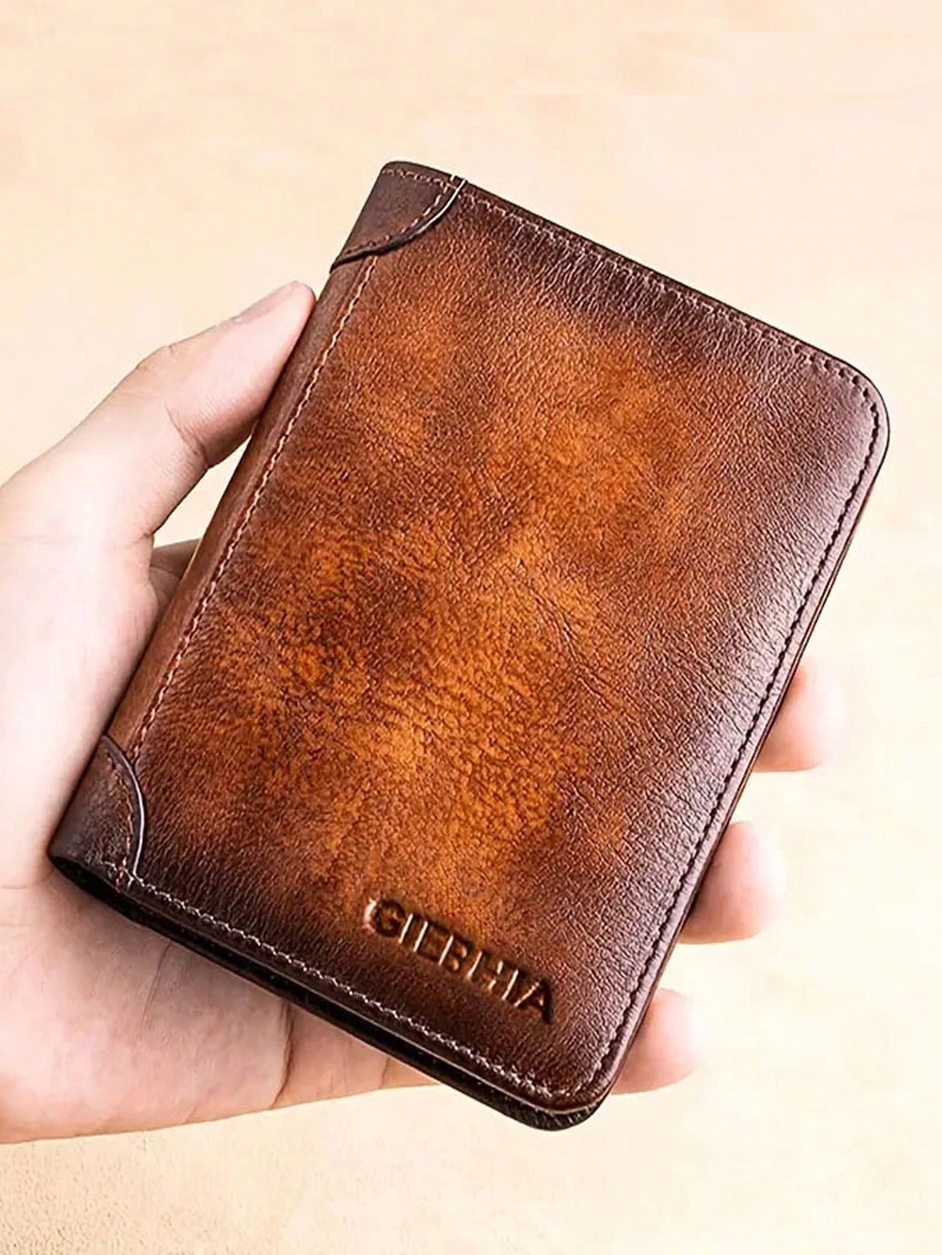 Vintage Crinkled Short Men's Wallet, Rfid Protection, Ultra-Thin, Top Grain Cowhide Leather, Bifold