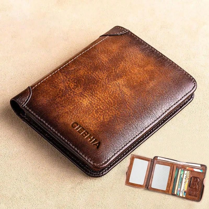 Vintage Crinkled Short Men's Wallet, Rfid Protection, Ultra-Thin, Top Grain Cowhide Leather, Bifold