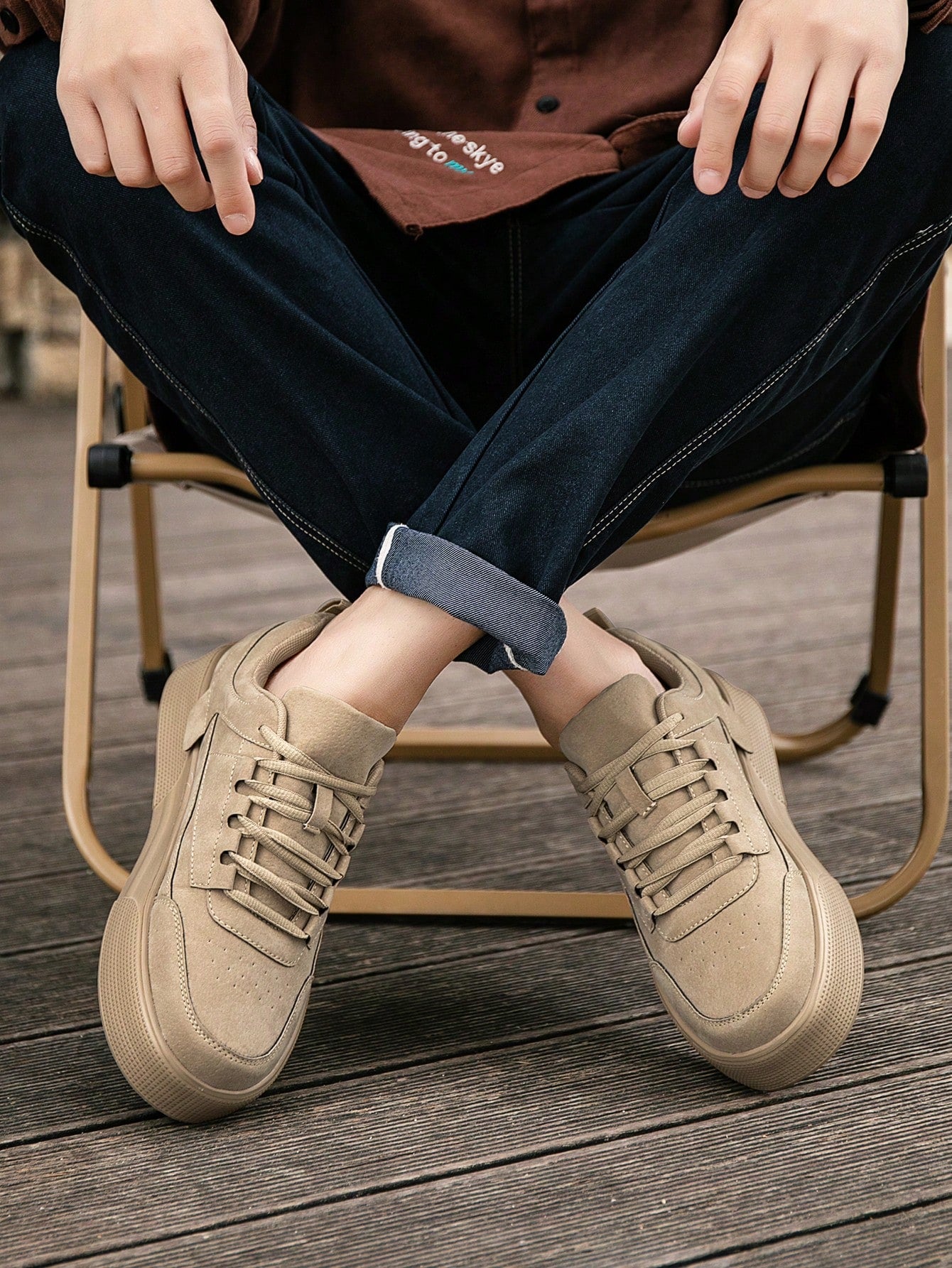 New Arrivals Men's Thick-Soled Khaki Skate Shoes, Outdoor Leisure Sports Shoes With Round Toe And Front Tie, Increased Height