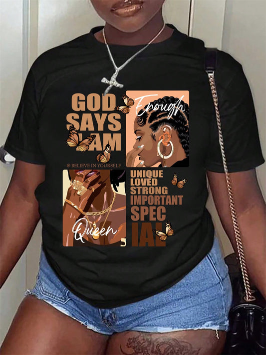 INAWLY Slayr Women's Short Sleeve T-Shirt Printed With Portrait And Slogan GOD SAYS I AM ENOUGH UNIQUE LOVED STRONG IMPORTANT SPECIAL QUEEN BELIEVE IN YOURSELF Graphic Tees Women Tops