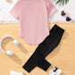 Young Girl 2pcs/Set Casual Heart Pattern Pink Short Sleeve T-Shirt And Long Pants, Summer