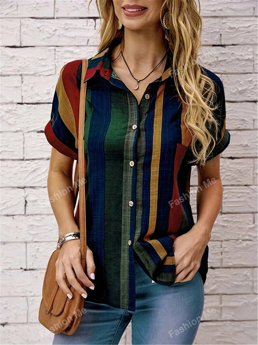 Women'S Striped Print Short Sleeve Shirt