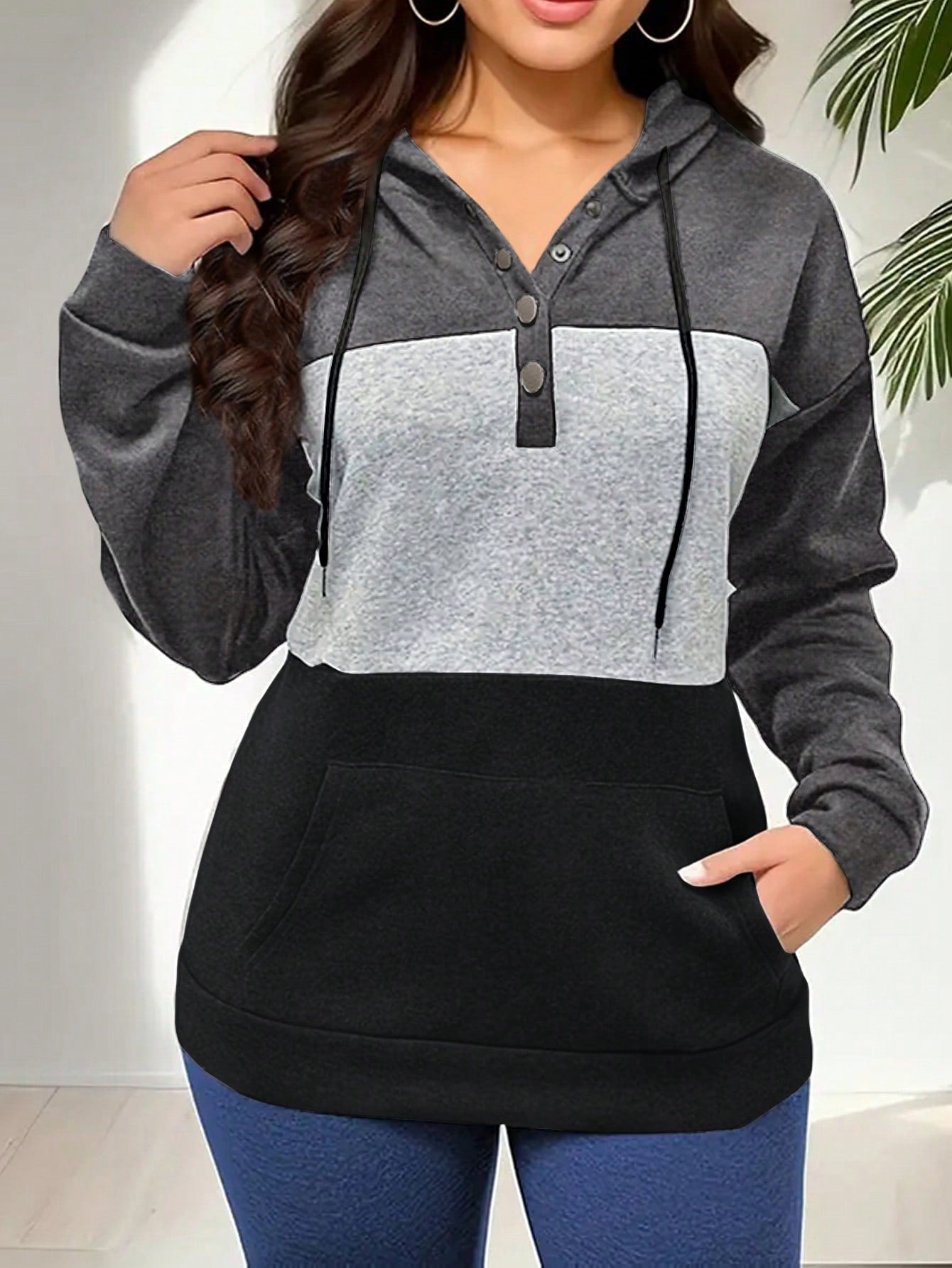 LUNE Women's Colorblock Drawstring Hoodie,Long Sleeve Tops