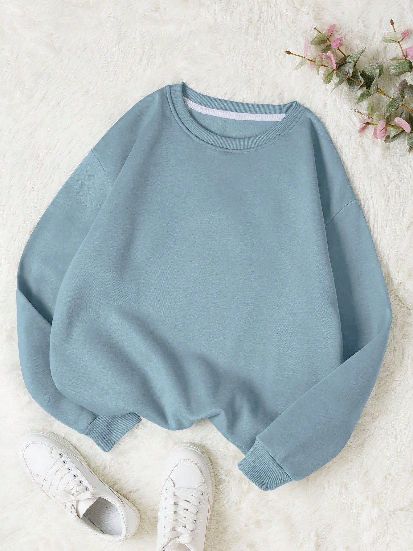 INAWLY Solid Round Neck Thermal Lined Sweatshirt,Long Sleeve Tops