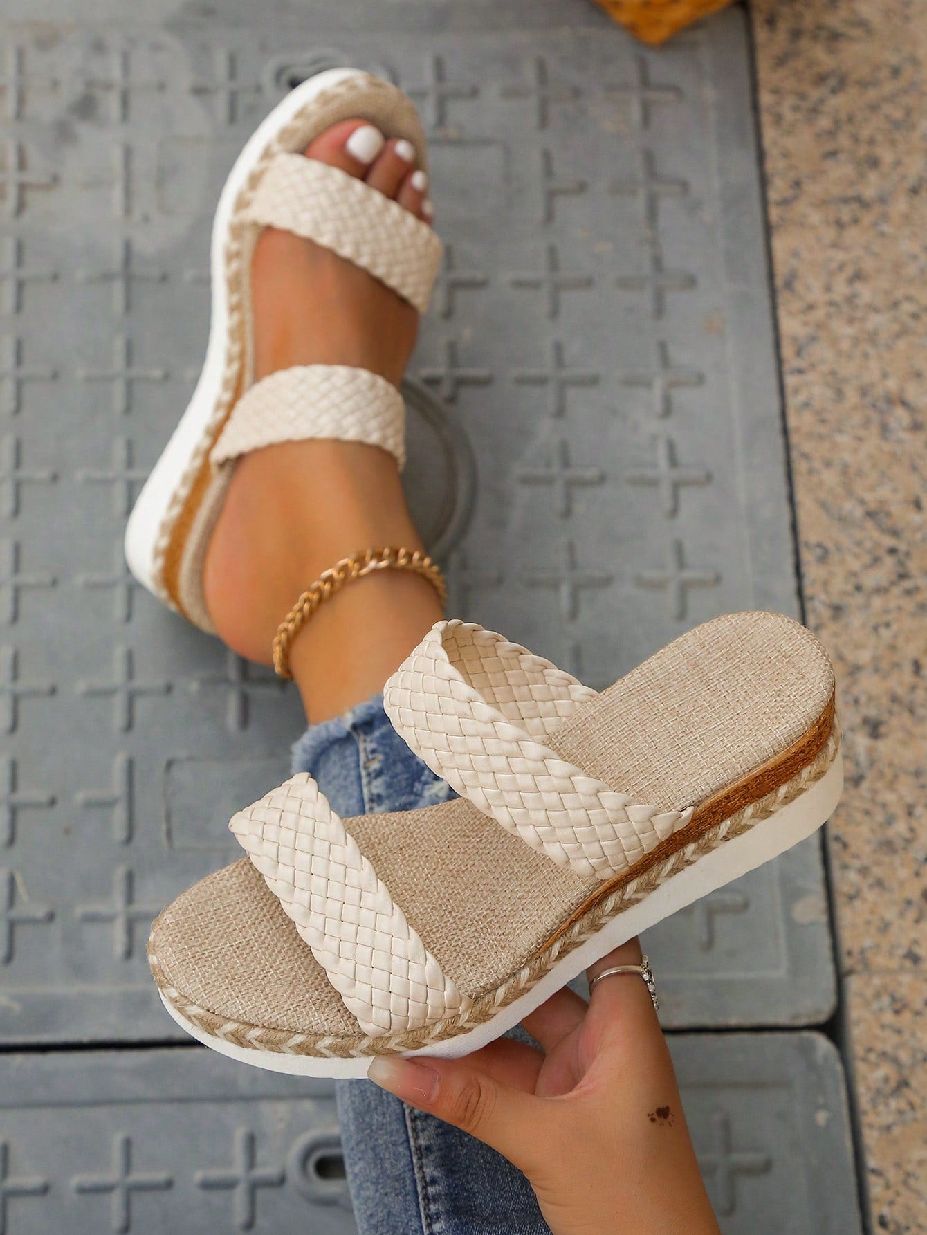 Women's Woven Wedge Heel Platform Sandals 2024 New Arrival, Double Braided Straps Wedge Heel Slides