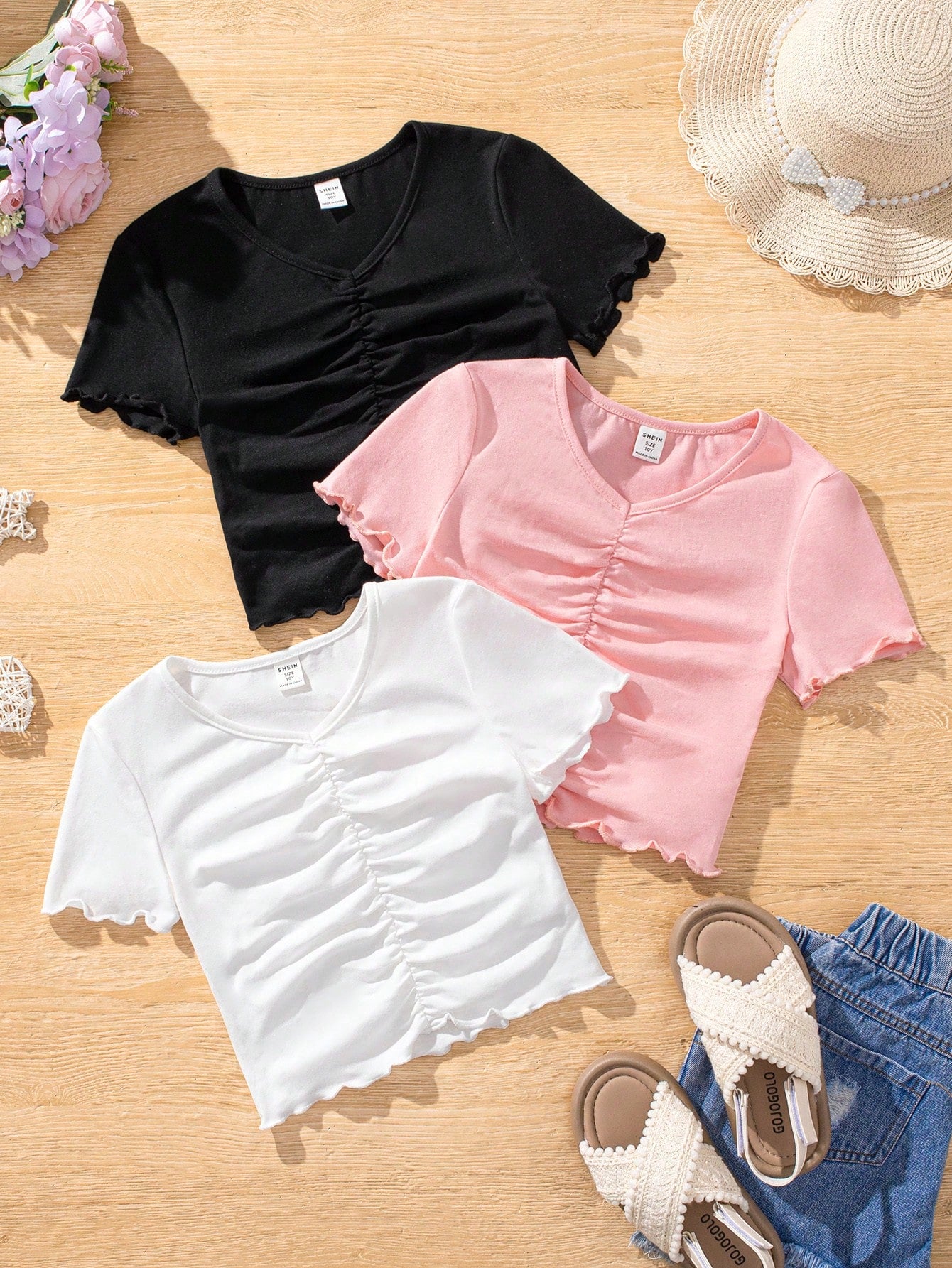 3pcs/Set Tween Girl Knitted Solid Color Pleated Short Casual T-Shirt