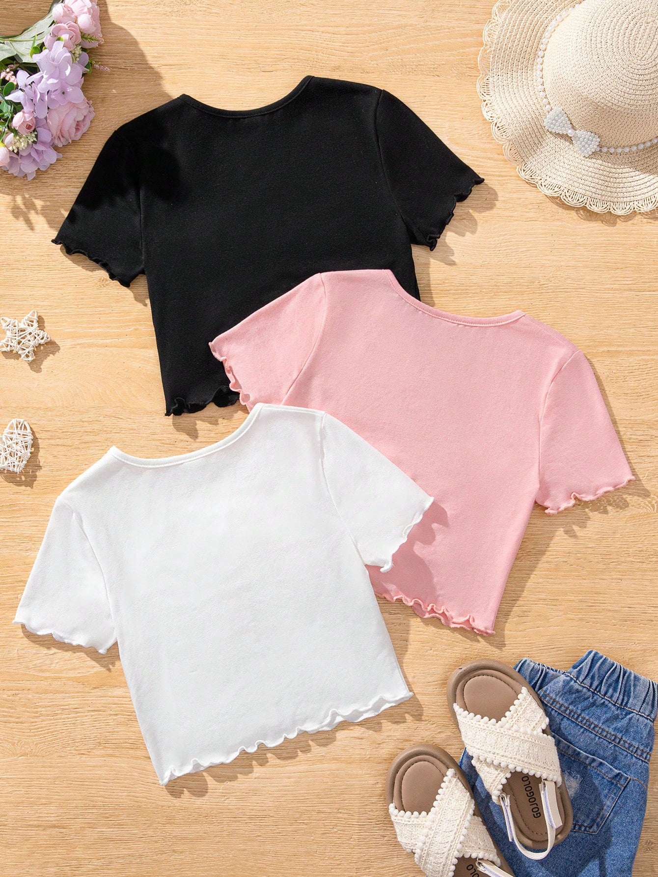 3pcs/Set Tween Girl Knitted Solid Color Pleated Short Casual T-Shirt