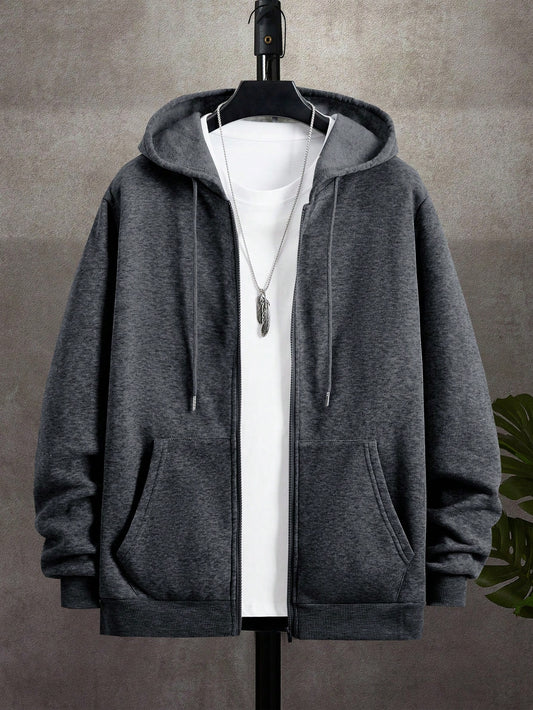 Manfinity Dauomo Men's Leisure Solid Color Hooded Drawstring Zipper Sweatshirt