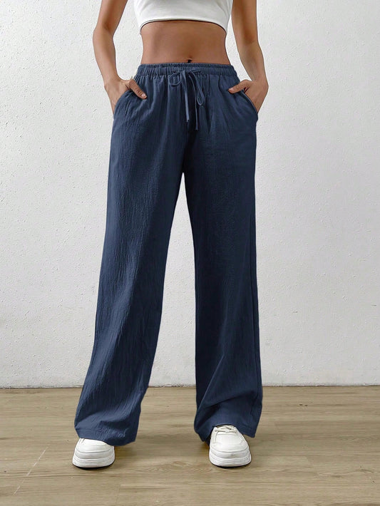 EZwear Cotton Loose Straight Drawstring Waist Slant Pocket Pants