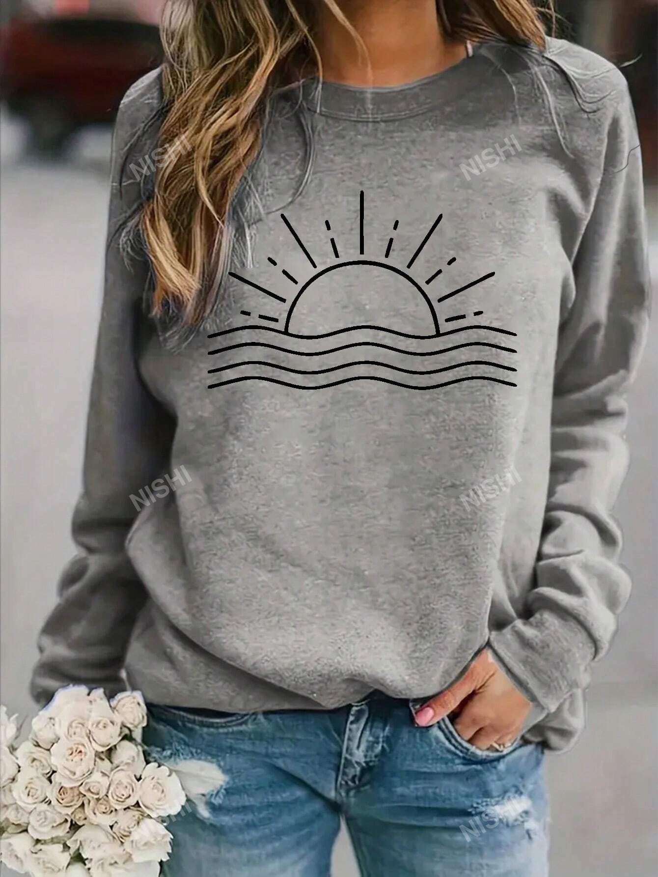 Sun Pattern Crew Neck Casual Sweatshirt,Long Sleeve Tops