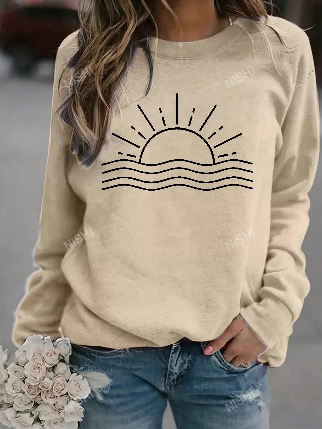 Sun Pattern Crew Neck Casual Sweatshirt,Long Sleeve Tops