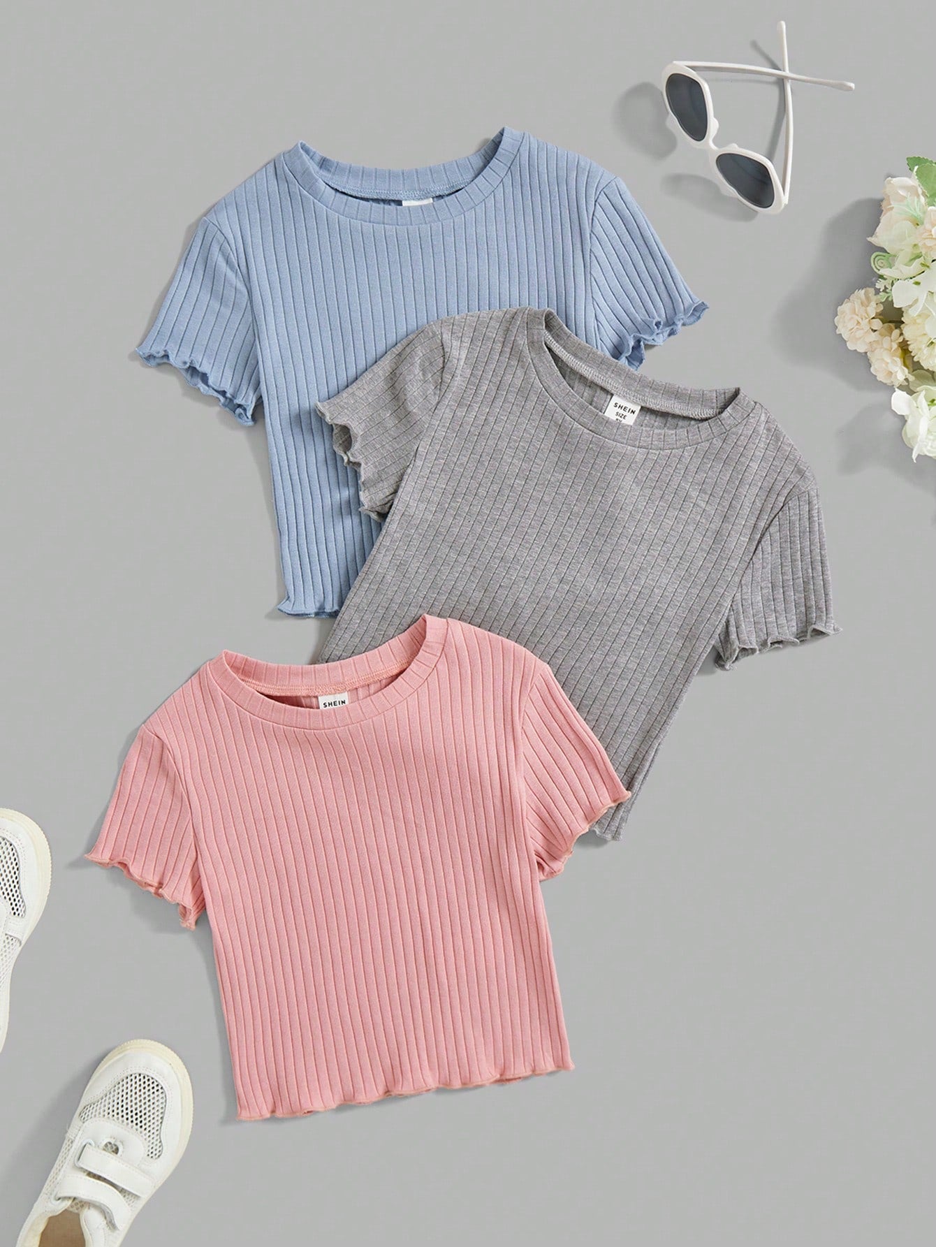 3pcs/Set Tween Girl Round Neck Casual Short Sleeve T-Shirt With Ruffled Hem