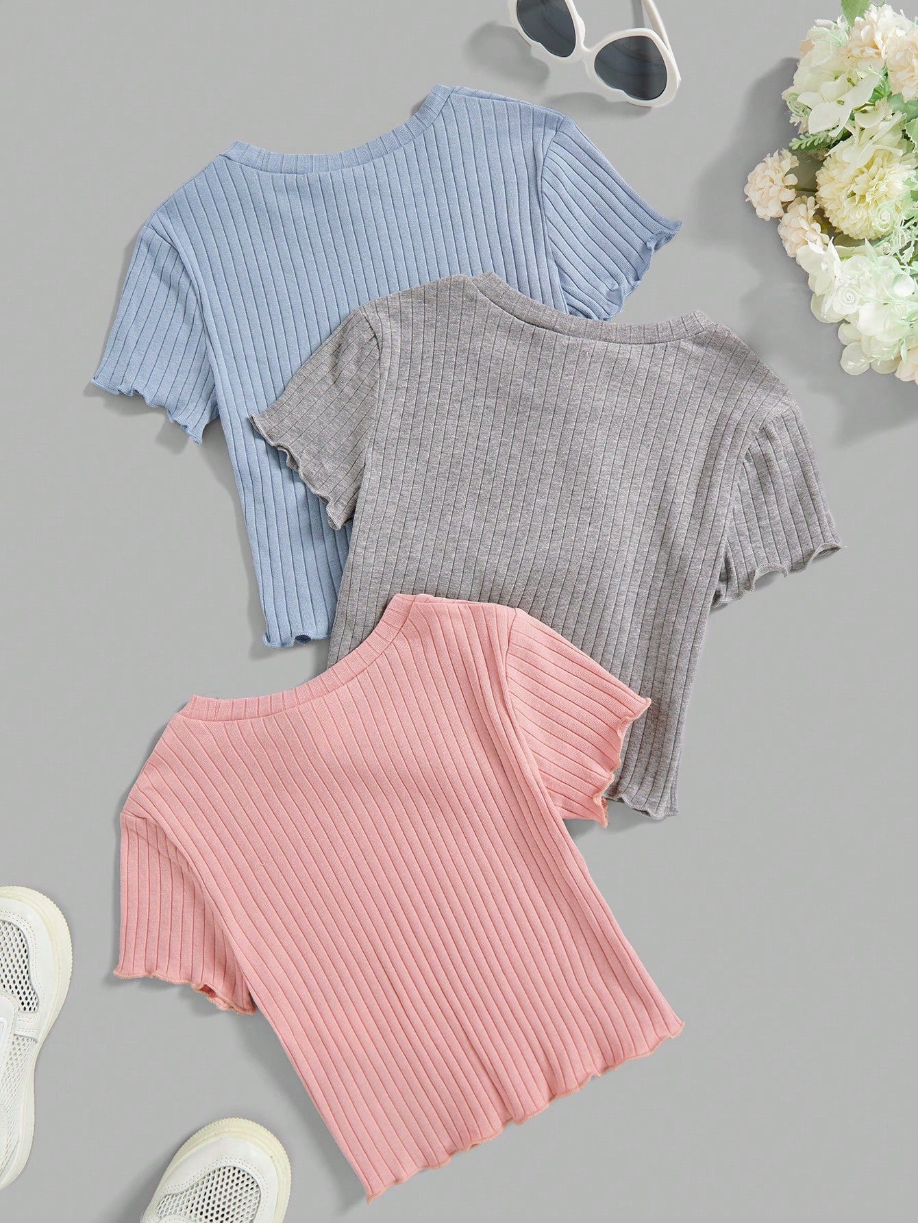 3pcs/Set Tween Girl Round Neck Casual Short Sleeve T-Shirt With Ruffled Hem