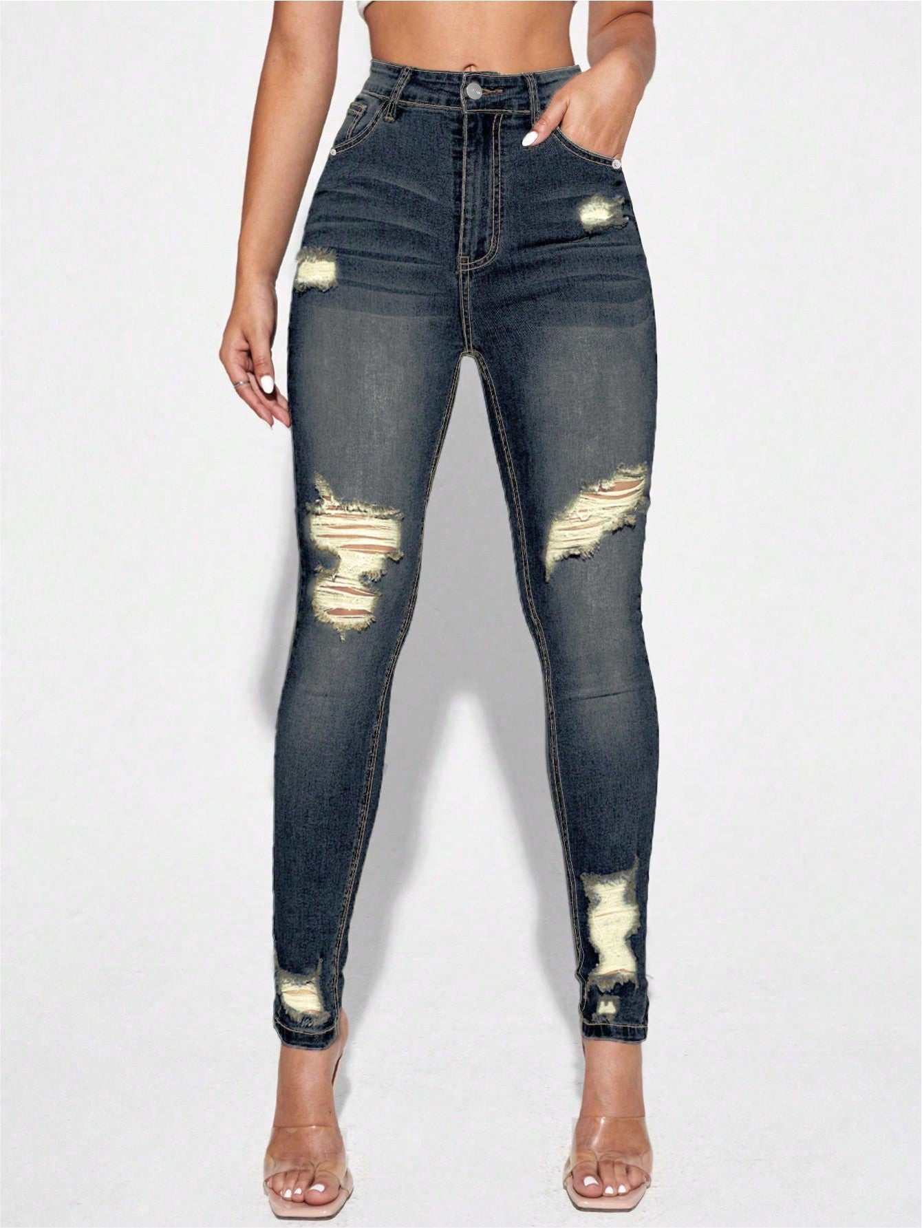 Essnce High Waist Ripped Skinny Jeans