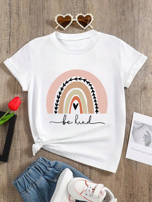 Tween Girl Casual Rainbow Letter Printed Round Neck Short Sleeve T-Shirt, Summer