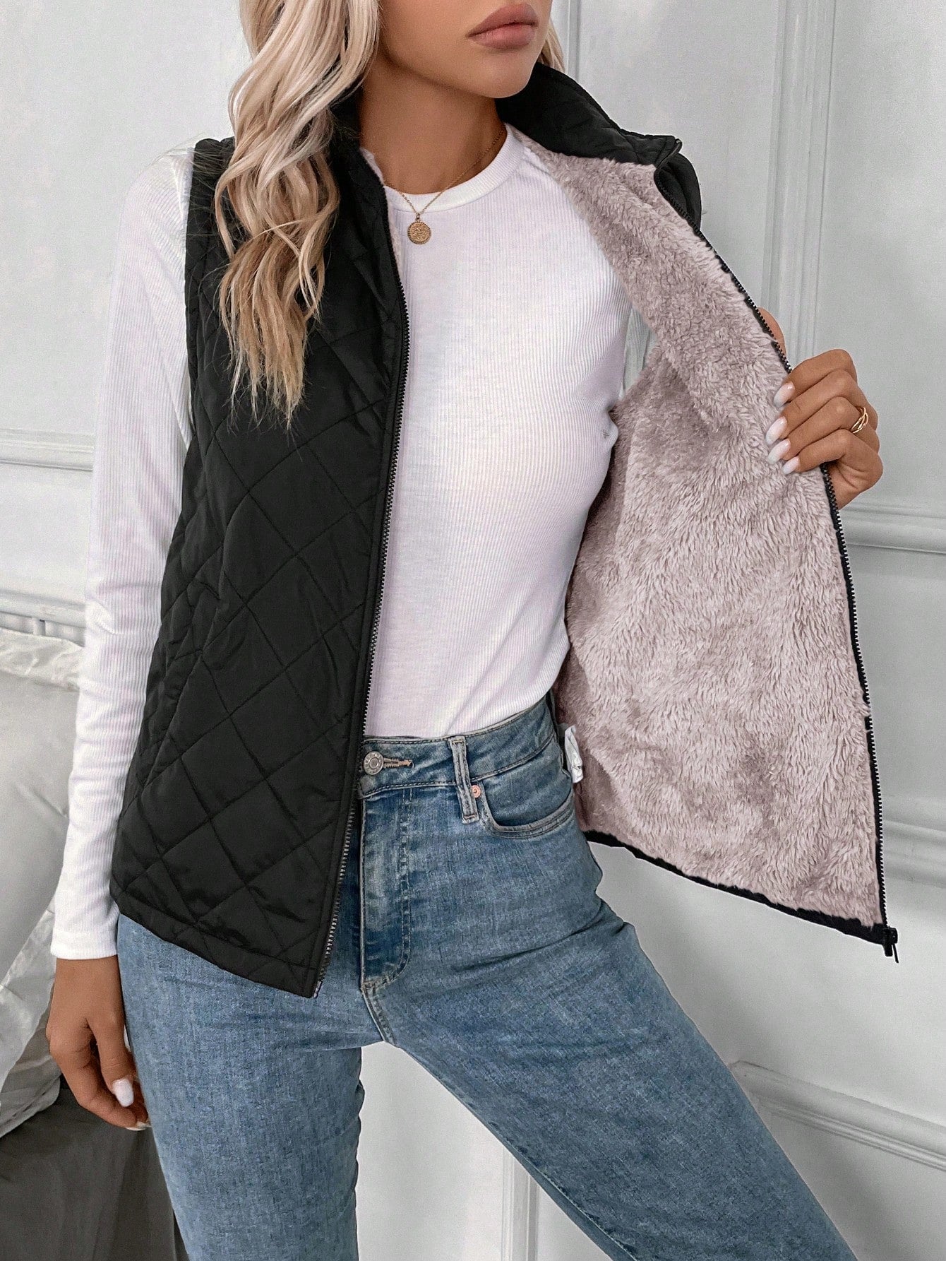 LUNE Zip Up Teddy Lined Vest Quilted Coat