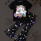 2pcs/Set Young Girl Casual Unicorn Printed Round Neck Short Sleeve T-Shirt And Fluorescent Star