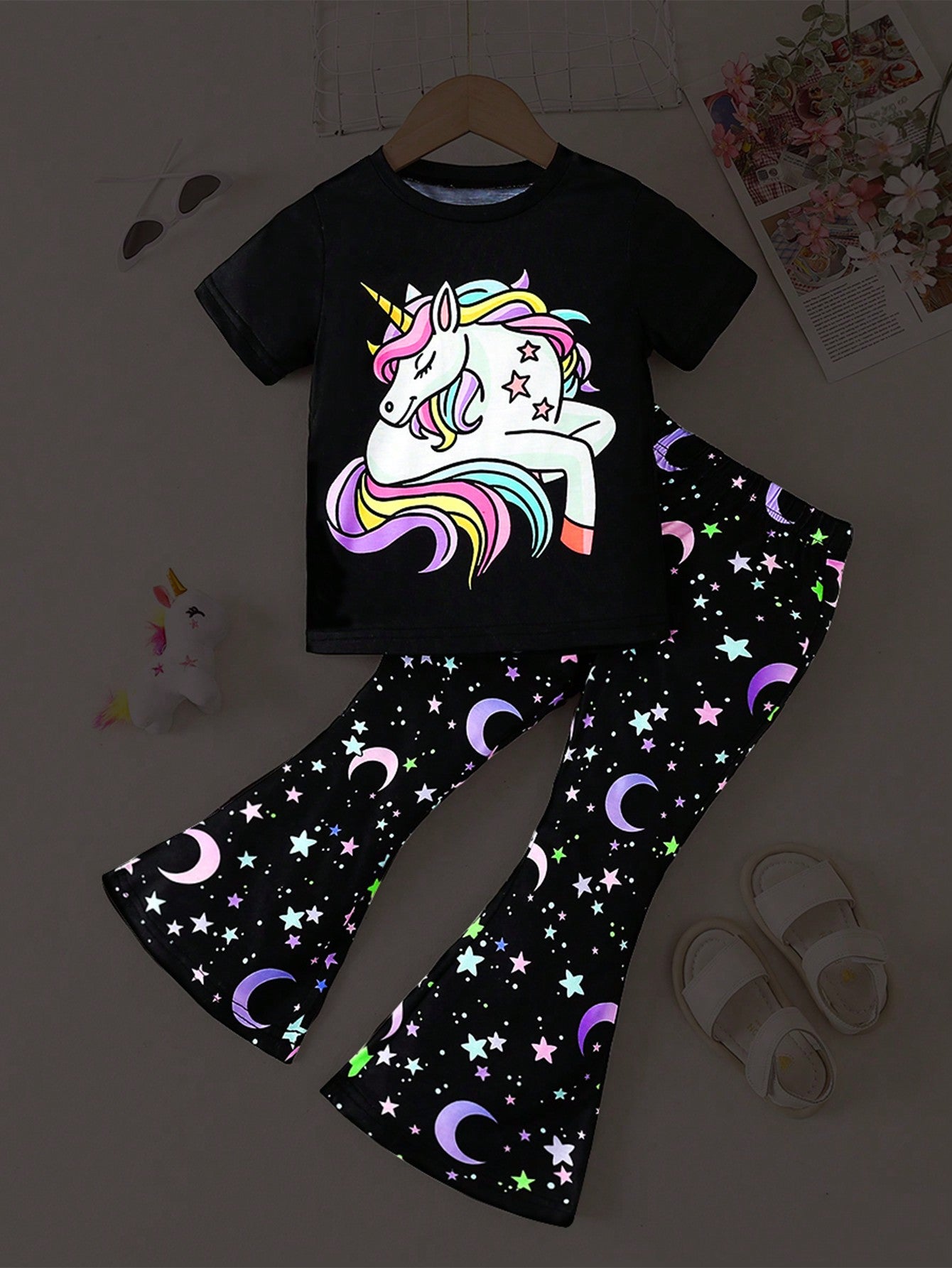 2pcs/Set Young Girl Casual Unicorn Printed Round Neck Short Sleeve T-Shirt And Fluorescent Star