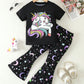 2pcs/Set Young Girl Casual Unicorn Printed Round Neck Short Sleeve T-Shirt And Fluorescent Star