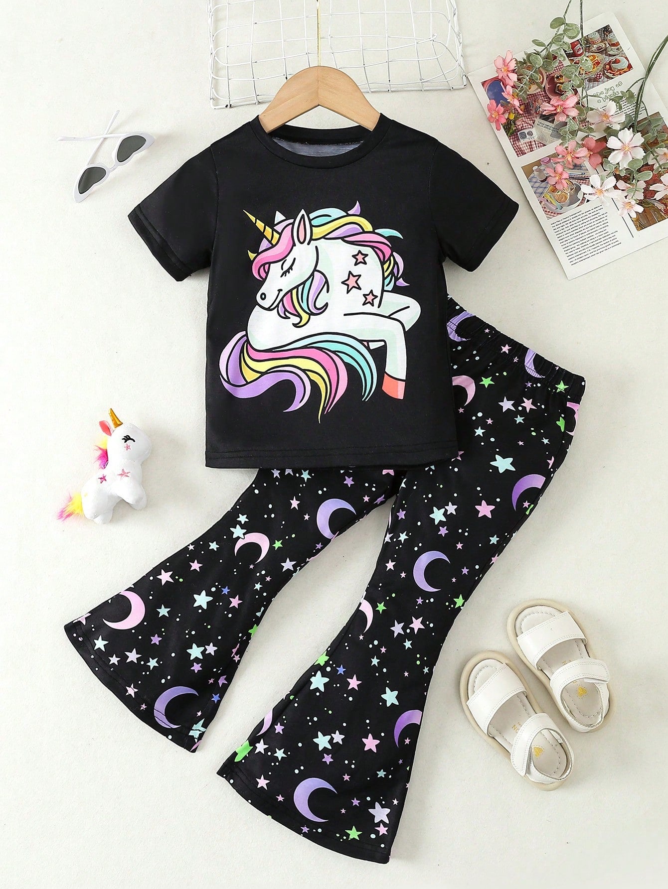 2pcs/Set Young Girl Casual Unicorn Printed Round Neck Short Sleeve T-Shirt And Fluorescent Star