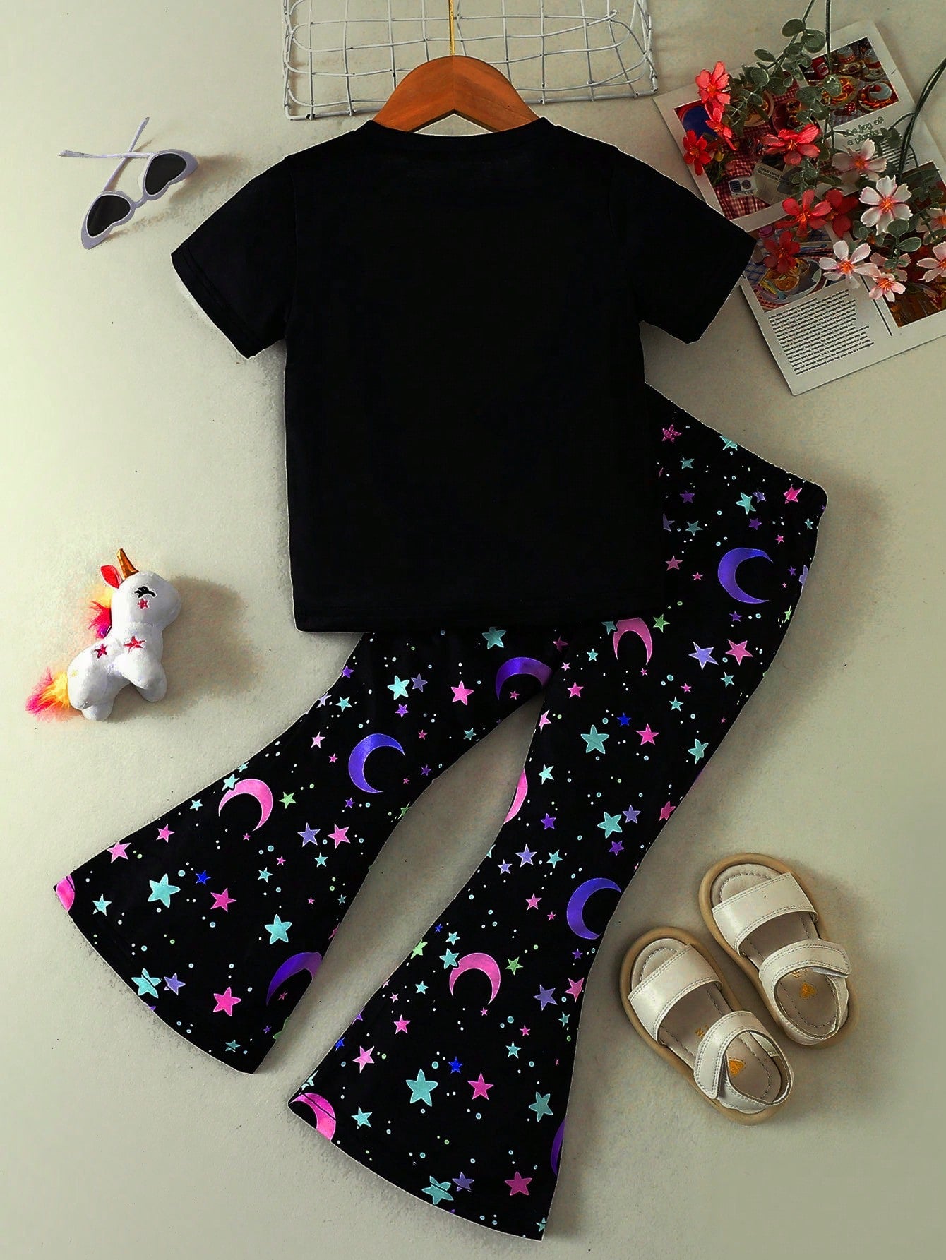 2pcs/Set Young Girl Casual Unicorn Printed Round Neck Short Sleeve T-Shirt And Fluorescent Star