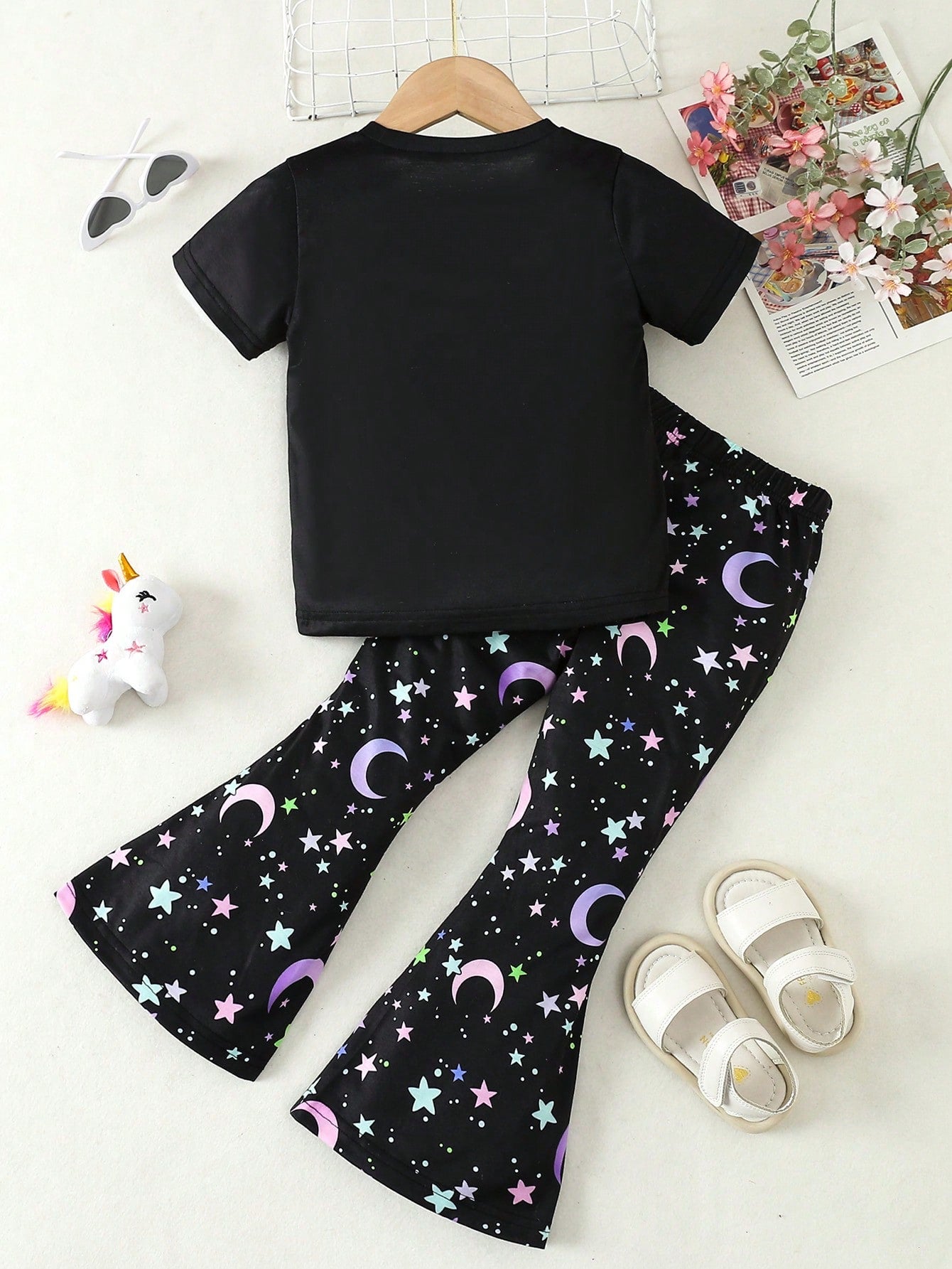 2pcs/Set Young Girl Casual Unicorn Printed Round Neck Short Sleeve T-Shirt And Fluorescent Star