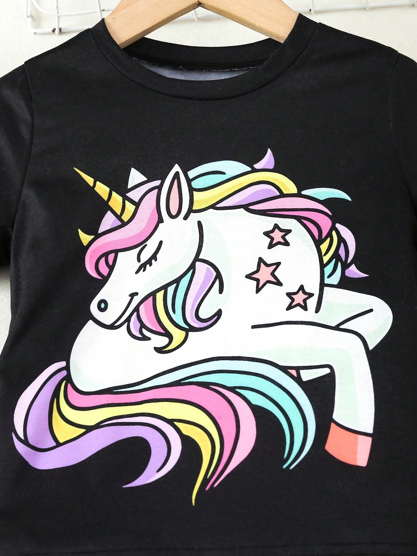 2pcs/Set Young Girl Casual Unicorn Printed Round Neck Short Sleeve T-Shirt And Fluorescent Star